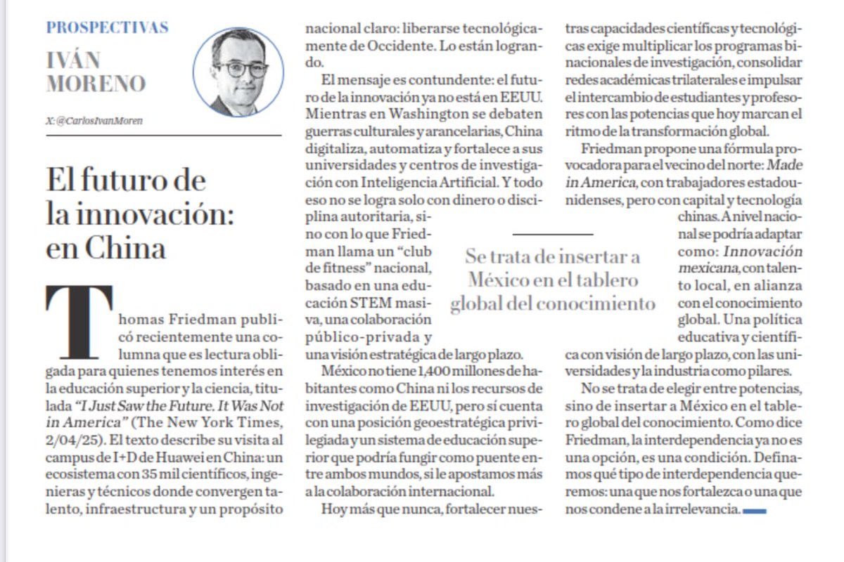 El futuro de la innovación parece estar en China🇨🇳. 

Mientras en EEUU🇺🇸 se debaten guerras culturales y arancelarias, China digitaliza, automatiza y fortalece a sus universidades con IA.

No se trata de elegir entre potencias, sino de insertar a México 🇲🇽 en el tablero mundial: