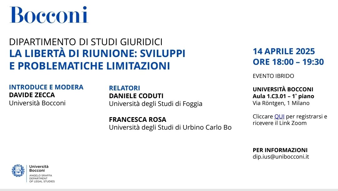 Daniele Coduti (@danielecoduti) on Twitter photo "La libertà di riunione: sviluppi e problematiche limitazioni", lunedì 14 aprile, ore 18:00, presso <a href="/Unibocconi/">Università Bocconi</a>, con l'amica <a href="/rosa_francesca/">francesca rosa</a> "La libertà di riunione: sviluppi e problematiche limitazioni", lunedì 14 aprile, ore 18:00, presso <a href="/Unibocconi/">Università Bocconi</a>, con l'amica <a href="/rosa_francesca/">francesca rosa</a>