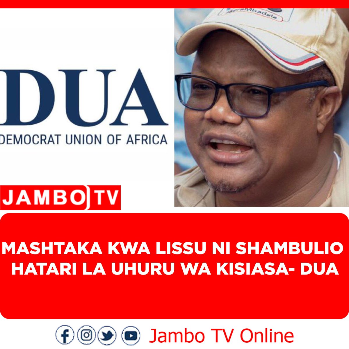 Umoja wa Demokrasia Barani Afrika umetoa wito wa dharura wa kuachiliwa mara moja na bila masharti Mhe Tundu Antiphas Lissu, Kiongozi wa Chama cha CHADEMA nchini Tanzania. 

Democratic Union of Africa (DUA) imetaarifu kuwa Lissu kwa sasa anakabiliwa na mashtaka ya uhaini, ambayo