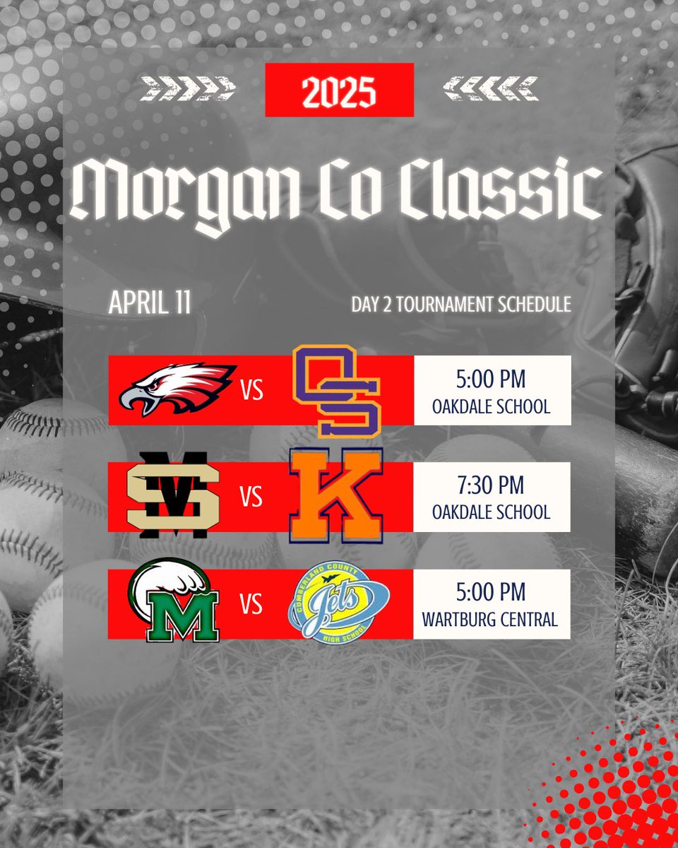 Night 2 of the Morgan County Classic. Weather may play a factor this evening but below is the schedule for tonight.
<a href="/TBCAorg/">Tennessee Baseball Coaches Association</a> <a href="/ETBCAbsb/">ETBCA</a>
