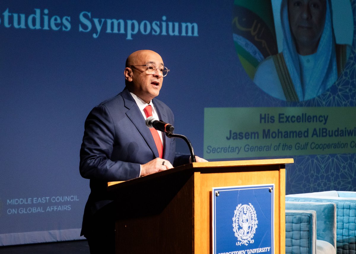 GulfIntlForum's tweet photo. Last night at the Opening Ceremony of the Second Gulf Studies Symposium at @Georgetown University, Keynote Speaker - Secretary General of the GCC (@GCCSG), H.E. Jasem Mohamed AlBudaiwi (@jasemalbudaiwi) - focused on a model of integration, resilience, and forward leadership to steer the future of the Gulf States. With a combined GDP of 2.21 trillion, the Gulf is a young, ambitious region ready for transformation. #GCC #GCCDiplomacy #GSS25  #GeorgetownUniversity #GCCLeadership #ForwardLeadership