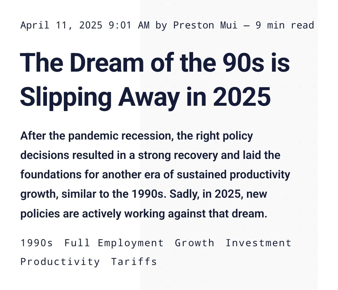 PrestonMui's tweet image. Good morning.
New from me at @employamerica, a follow up to my series on the 1990s productivity growth and lessons for today.
Taking stock of everything that's happened in the past 90 days through the lens of full employment, investment, and supply-side stability.