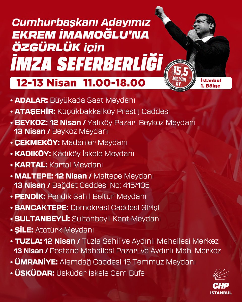 Adayımı yanımda, sandığı önümde istiyorum!

Cumhurbaşkanı Adayımız Ekrem İmamoğlu’na özgürlük ve erken seçim için siz de imza seferberliğimize katılın. 

Tüm yurttaşlarımızı bu hafta sonu İstanbul’un 39 ilçe meydanında kuracağımız standlarda imza atmaya davet ediyorum. 

1. Bölge