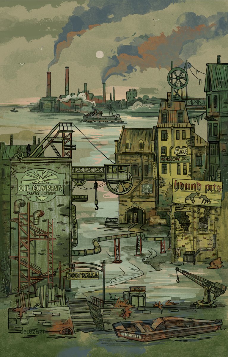 celezart's tweet image. Final version of my fanart for game Dishonored, that I was soo inspired. Adore these old brick houses and rusty roofs, and spent a lot of time on searching that misty-green color scheme. Wanted to share that mood of factory, smell of smoky and dying city.
#dishonored