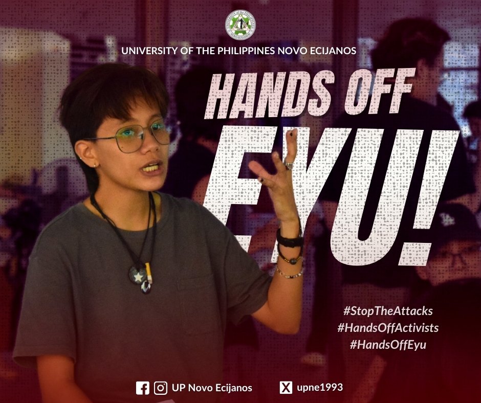 upne1993's tweet photo. 𝗛𝗔𝗡𝗗𝗦 𝗢𝗙𝗙 𝗘𝗬𝗨! 𝗛𝗔𝗡𝗗𝗦 𝗢𝗙𝗙 𝗔𝗖𝗧𝗜𝗩𝗜𝗦𝗧𝗦! 𝗡𝗢 𝗧𝗢 𝗥𝗘𝗗-𝗧𝗔𝗚𝗚𝗜𝗡𝗚!

#StopTheAttacks
#HandsOffEyu
#NoToRedTagging
#UPNovoEcijanos https://t.co/udoUw1uL8L