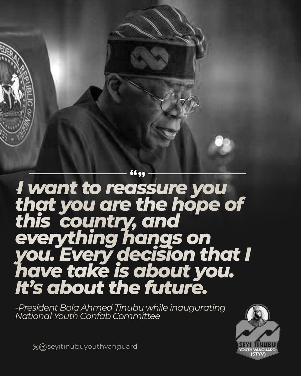 styouthvanguard's tweet photo. -President Bola Ahmed Tinubu while inaugurating National Youth Confab Committee 

@officialABAT 
@STinubu 

#renewedhope 
#trusttheprocess 
#nationalyouthconfab 
#seyitinubuyouthvanguard https://t.co/V7hDhVCIUs