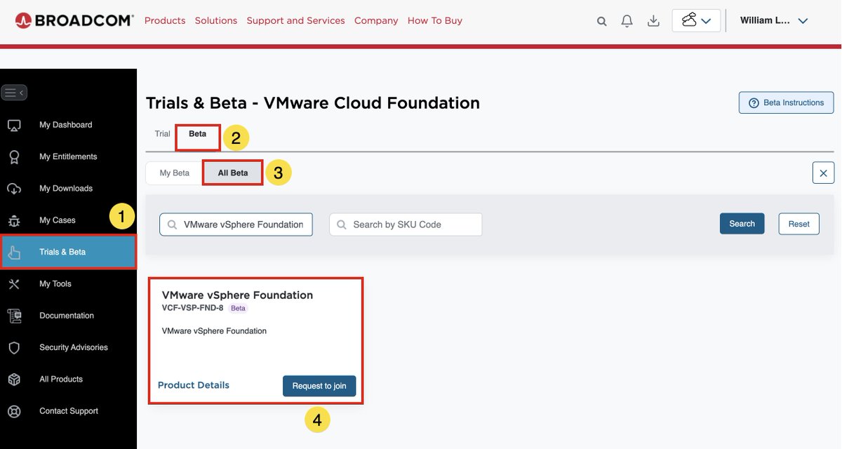 lamw's tweet photo. Time to deploy the latest vSphere Foundation (VVF) 9.0 Beta in the lab.
It is a little confusing, but under Trials/Beta https://t.co/T2FTaFYiHB look for SKU "VCF-VSP-FND-8" (yes, this is VVF 9.0 Beta) & then click Request to join!
#FridayLabTime https://t.co/FSq70bMEFs