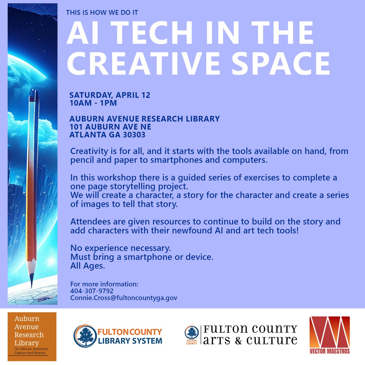 deltatangomike's tweet image. This Is How We Do It: AI/Tech Edition
Saturday, April 12th | 10 AM - 1 PM
Auburn Ave Research Library

Don’t miss out – sign up today.
404-307-9792
mailto:Connie.Cross@fultoncountyga.gov 

#FultonCountyLibrarySystem #FultonCountyArtsCulture #AARL