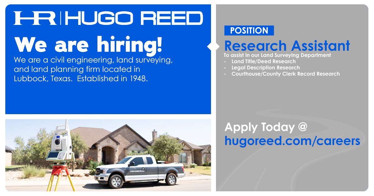 ￼Join our dynamic Land Surveying team as a Research Assistant and help shape the future of land development! ￼If you love digging into property records, maps, and legal descriptions — this is your chance to make an impact. Apply today: hugoreed.com/careers