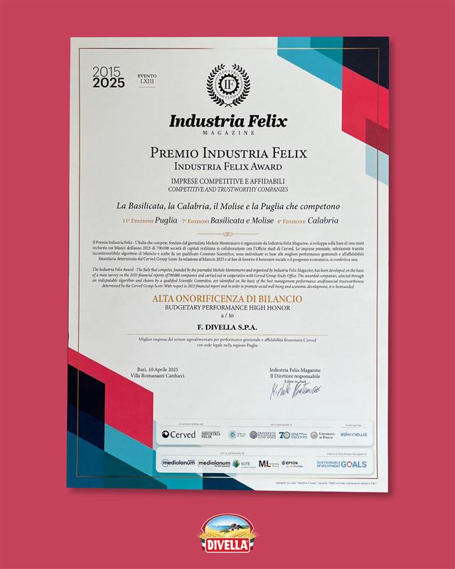 Divella premiata al 63° #PremioIndustriaFelix come miglior impresa agroalimentare per performance gestionale e affidabilità finanziaria Cerved in Puglia. #Divella #PassioneMediterraneaNelMondo