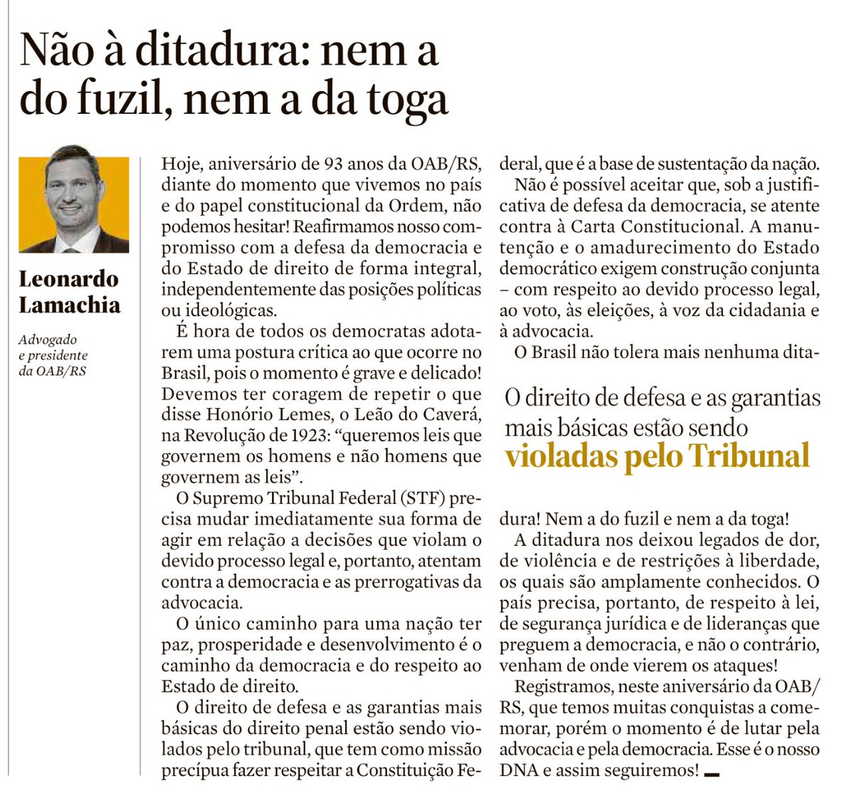 LLamachia's tweet photo. Estamos desde 2022 fazendo uma defesa integral da democracia e do estado de direito - e assim continuaremos, de forma isenta e imparcial.

É grave o momento que vivemos no país. Não iremos nos calar!

Artigo publicado no jornal Zero Hora desta sexta-feira, 11 de abril de 2025. https://t.co/UJyW2I0O6q