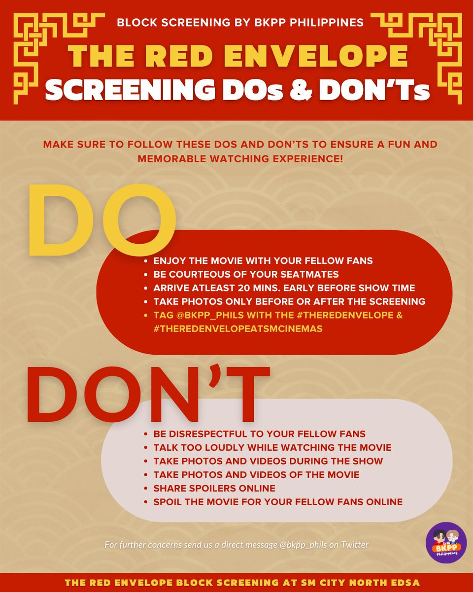 bkpp_phils's tweet photo. : Ready for tomorrow's Block Screening? 

Keep in mind these Dos &amp; Don'ts as you meet and watch together with your fellow PH Penguins! 

⏰ 3:00 PM
📍Cinema 5, SM City North Edsa 
🗓️April 12, 2025   

#TheRedEnvelope #ซองแดงแต่งผี #TheRedEnvelopeAtSMCinema https://t.co/85UfvBj61o