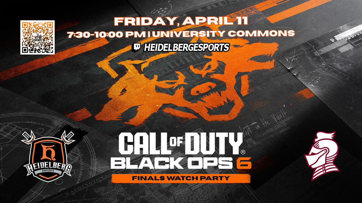 Looking for something to do tonight? We've got you covered! Stop by our Finals watch party for the Call of Duty team in University Commons at 7:30 p.m. or watch it LIVE on twitch at 8 p.m. ! This is history being made and you won't want to miss it!!!

twitch.tv/heidelbergespo…