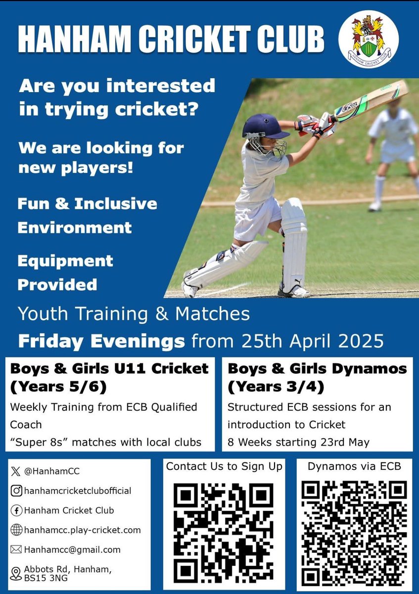 Hanham Cricket Club are looking for children who might be interested in trying cricket. No previous experience or equipment needed! Contact the club if you want to sign up or are interested! #cricket #bristol #bristollife #bristolsport #gloucestershire #hanham #localcricket