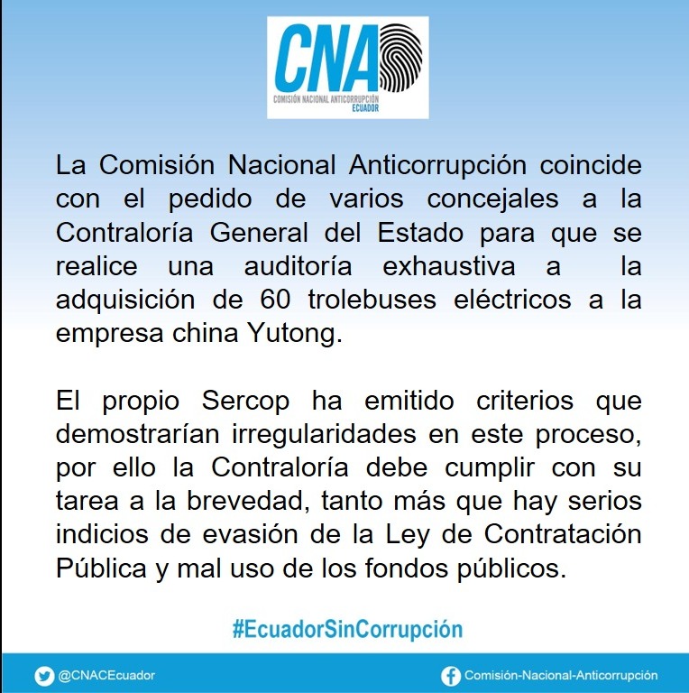📌 La adquisición de 60 trolebuses eléctricos para Quito ha ocurrido en medio de toda opacidad. La Contraloría debe actuar de manera inmediata, conforme la solicitud formal de varios concejales del Municipio quiteño y de acuerdo a lo señalado públicamente por la CNA.