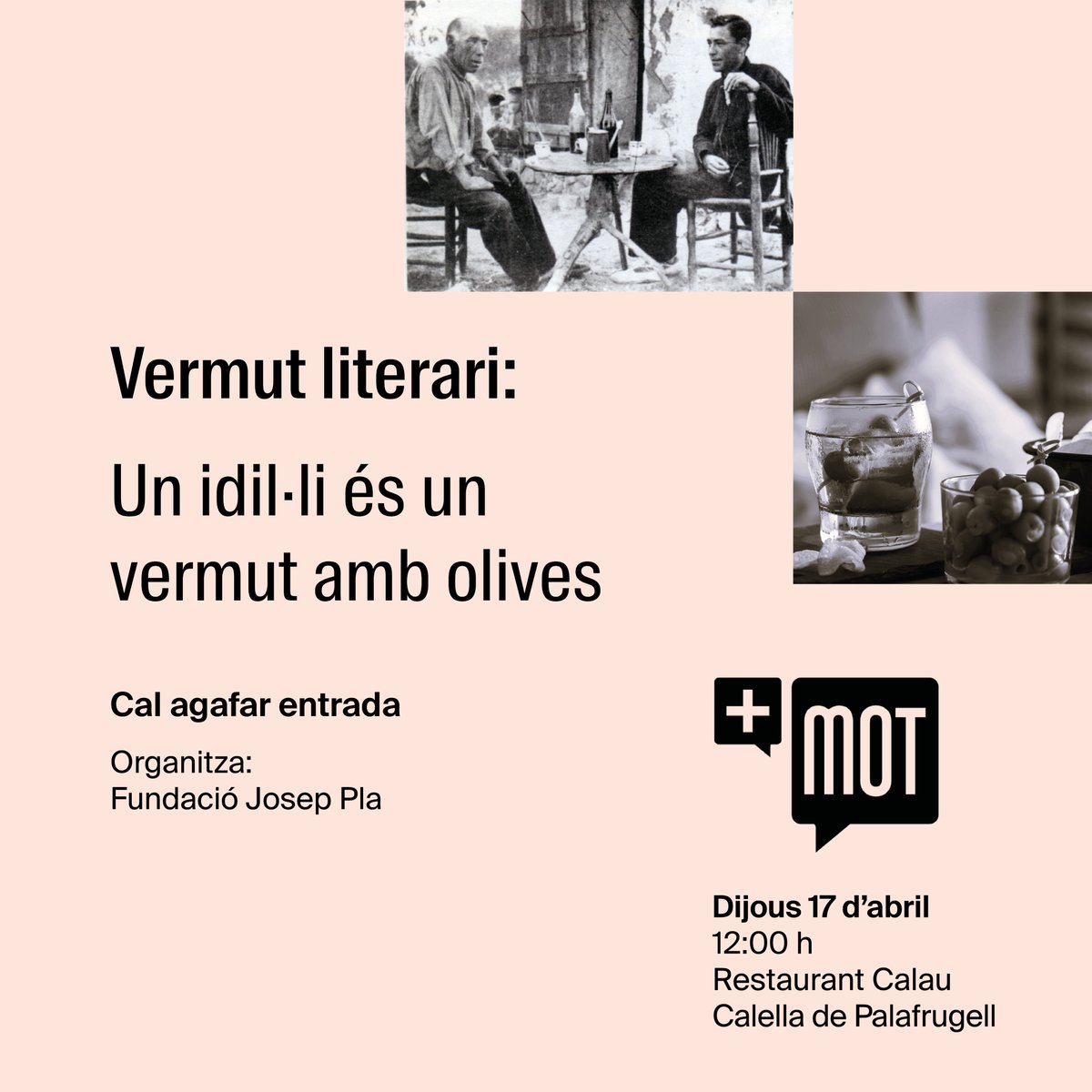 Encara continuen les activitats del +MOT! 📖🍸

El pròxim dijous ens trobarem al Restaurant Calau de Calella de Palafrugell per gaudir d'un vermut literari i parlar d'amor en les obres de Josep Pla. 

T'hi esperem! 🙌