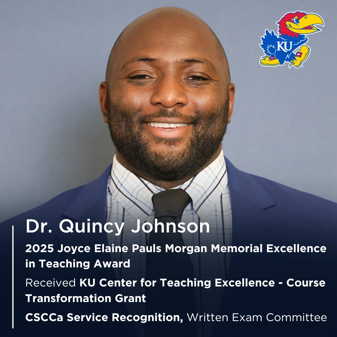 🎉Congratulations to Dr. Johnson for being awarded the 2025 Joyce Elaine Pauls Morgan Memorial Excellence in Teaching Award, a course transformation grant from the KU Center for Teaching Excellence, and being recognized by CSCCa for participating on the Written Exam Committee!