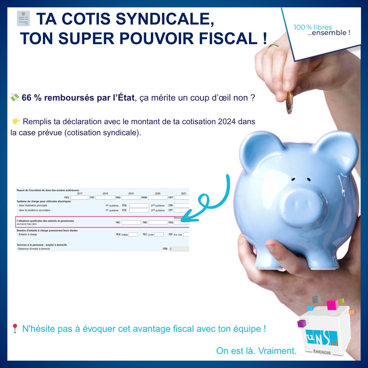 UNSA Energie (@unsaenergie) on Twitter photo 💸 Bonne nouvelle pour ton porte-monnaie !Ta cotisation syndicale ouvre droit à un crédit d’impôt de 66 % ✨
Même si tu n’es pas imposable, tu peux en bénéficier !
🔎 Plus d'infos ➡️ impots.gouv.fr / economie.gouv.fr
<a href="/UNSA_officiel/">UNSA</a> <a href="/cfecgcenergies/">CFE Énergies</a> <a href="/CfeUnsaNrj974/">CFE UNSA Energies La Réunion</a> 💸 Bonne nouvelle pour ton porte-monnaie !Ta cotisation syndicale ouvre droit à un crédit d’impôt de 66 % ✨
Même si tu n’es pas imposable, tu peux en bénéficier !
🔎 Plus d'infos ➡️ impots.gouv.fr / economie.gouv.fr
<a href="/UNSA_officiel/">UNSA</a> <a href="/cfecgcenergies/">CFE Énergies</a> <a href="/CfeUnsaNrj974/">CFE UNSA Energies La Réunion</a>