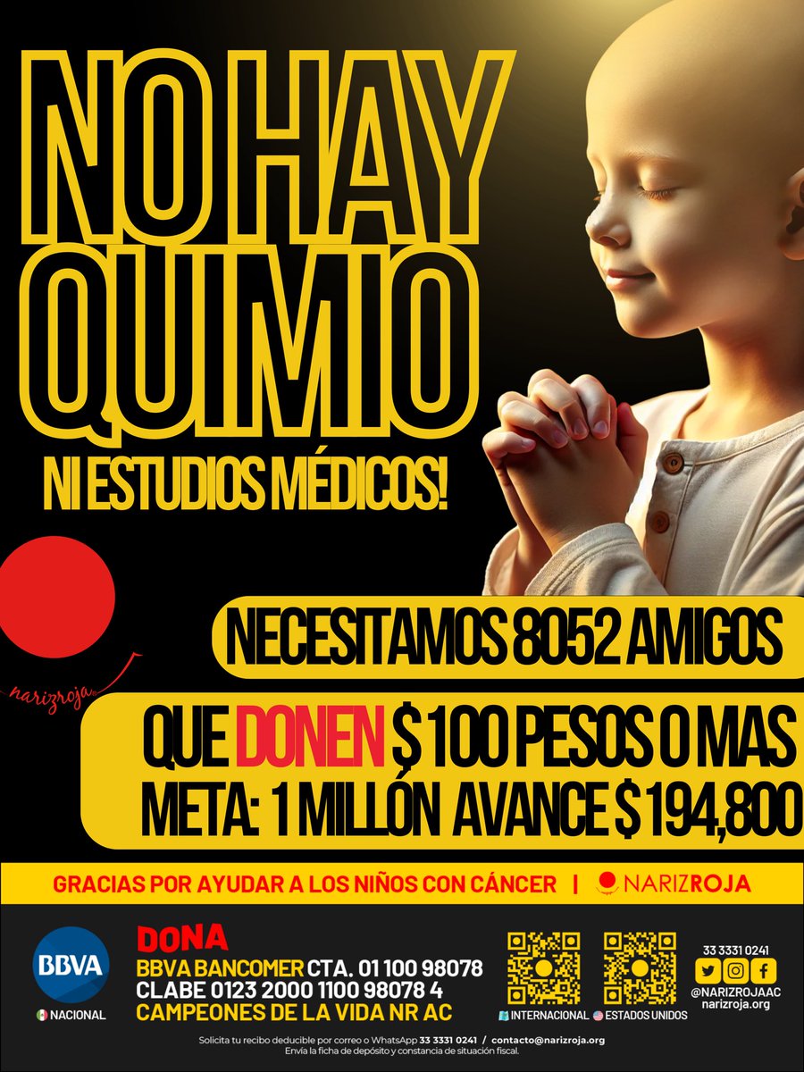 NARIZROJAAC's tweet photo. Que el amor se multiplique !! 
Buscamos a 8052 amigos que nos ayuden a lograr el milagro donando $100 pesos o más para ayudar a los niños con cáncer 

🇲🇽 BBVA  Cuenta: 0110098078 Clabe:  012320001100980784  Campeones de la vida NR AC         
🇺🇸 https://t.co/hIEg9vbDss                      
🌍 https://t.co/ohWwBix7n8
Solicita tu recibo deducible WhatsApp 3333310241

Gracias ♥️♥️♥️♥️♥️