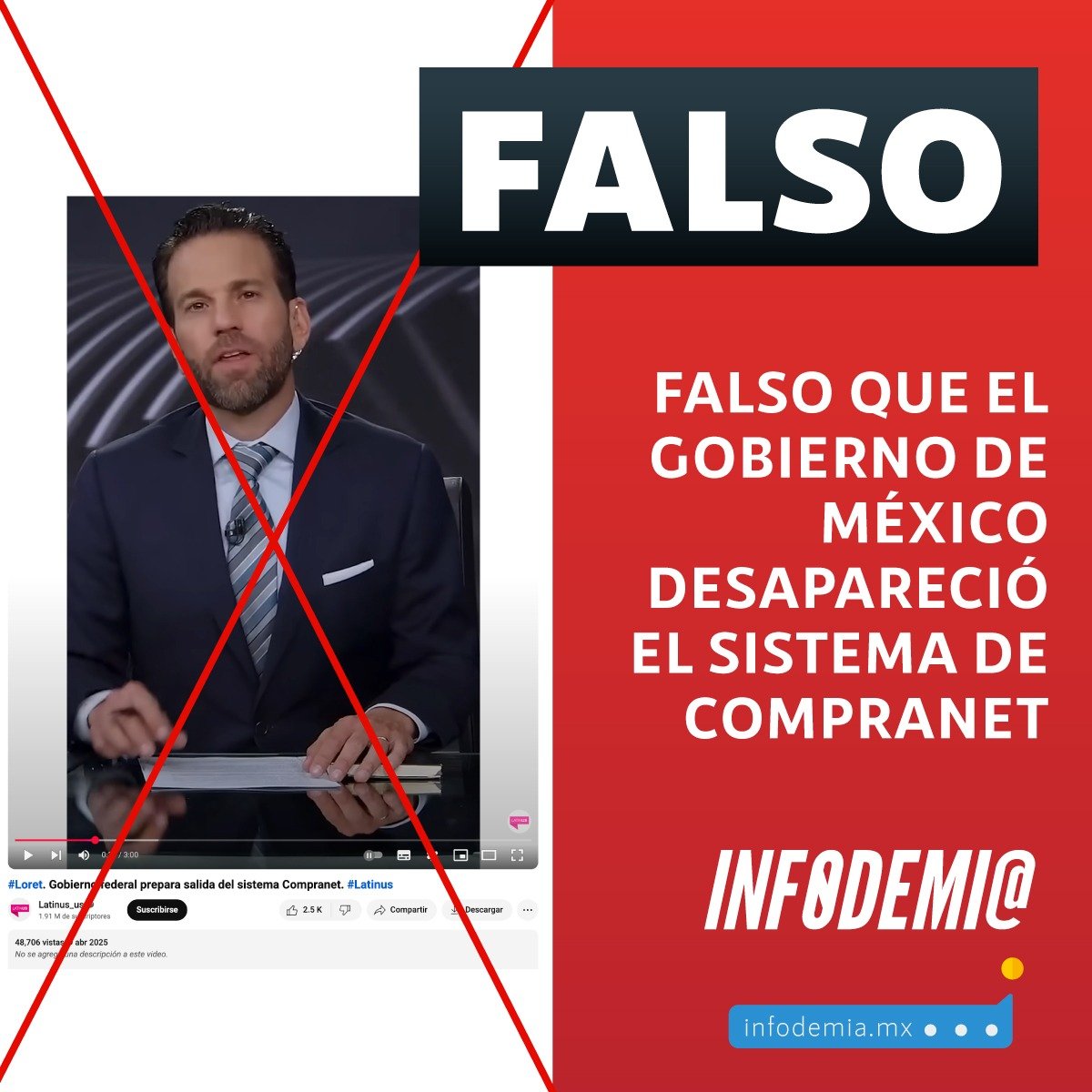 infodemiaMex's tweet photo. ❌Falso que el Gobierno de #México desapareció el sistema de #Compranet 

✅En la #MañaneraDelPueblo del 10 de abril, la titular de la Secretaría Anticorrupción y de @BuenGobierno_mx, Raquel Buenrostro, desmintió que el sistema Compranet haya desaparecido, y aclaró que, con la nueva Ley de Adquisiciones, Arrendamientos y Servicios, la plataforma evolucionó hacia la nueva versión de CompraNet 5.0, la cual contará con tecnología más avanzada

➡️https://t.co/B3QGs4U8bk