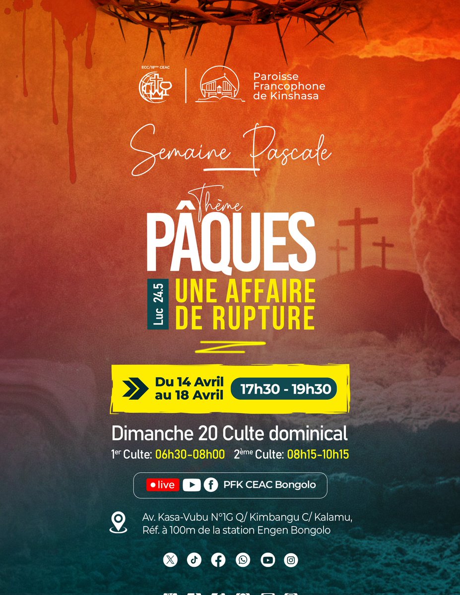 CeacPfk73665's tweet photo. Jésus-Christ notre Seigneur et Sauveur a été crucifié, il est mort, il a été enseveli, mais le troisième jour, il  est ressuscité d'entre les morts par la gloire de Dieu . 

𝐋𝐚 𝐒𝐞𝐦𝐚𝐢𝐧𝐞 𝐏𝐚𝐬𝐜𝐚𝐥𝐞 commence ce lundi 14 Avril au temple de la PFK. 

#pfkceacbongolo https://t.co/6aPIWiZH1j