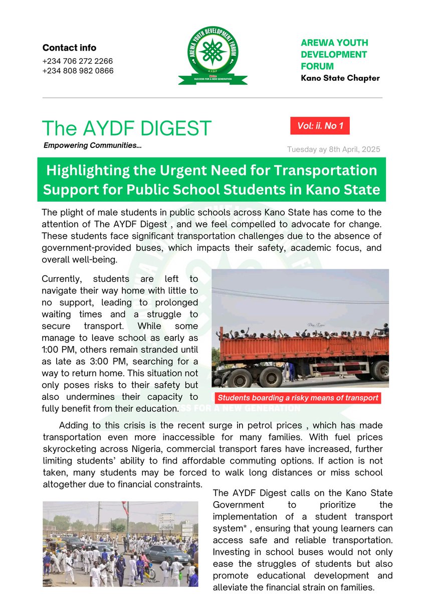 The absence of government-provided transportation for public school male students in Kano State has resulted in unnecessary delays and challenges. We appeal to the government to provide transport services to create a more conducive environment for learning and development. <a href="/Kyusu/">Sebastien Legris</a>