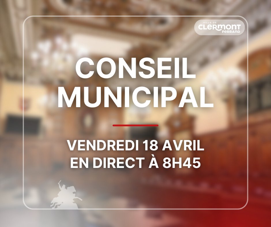 📆 𝗖𝗢𝗡𝗦𝗘𝗜𝗟 𝗠𝗨𝗡𝗜𝗖𝗜𝗣𝗔𝗟 📌
Le prochain conseil municipal aura lieu ce vendredi 18 avril à 𝟴 𝗵 𝟰𝟱.

🎥 Vous pourrez suivre le conseil en direct : clermont-ferrand.fr/conseil-munici…