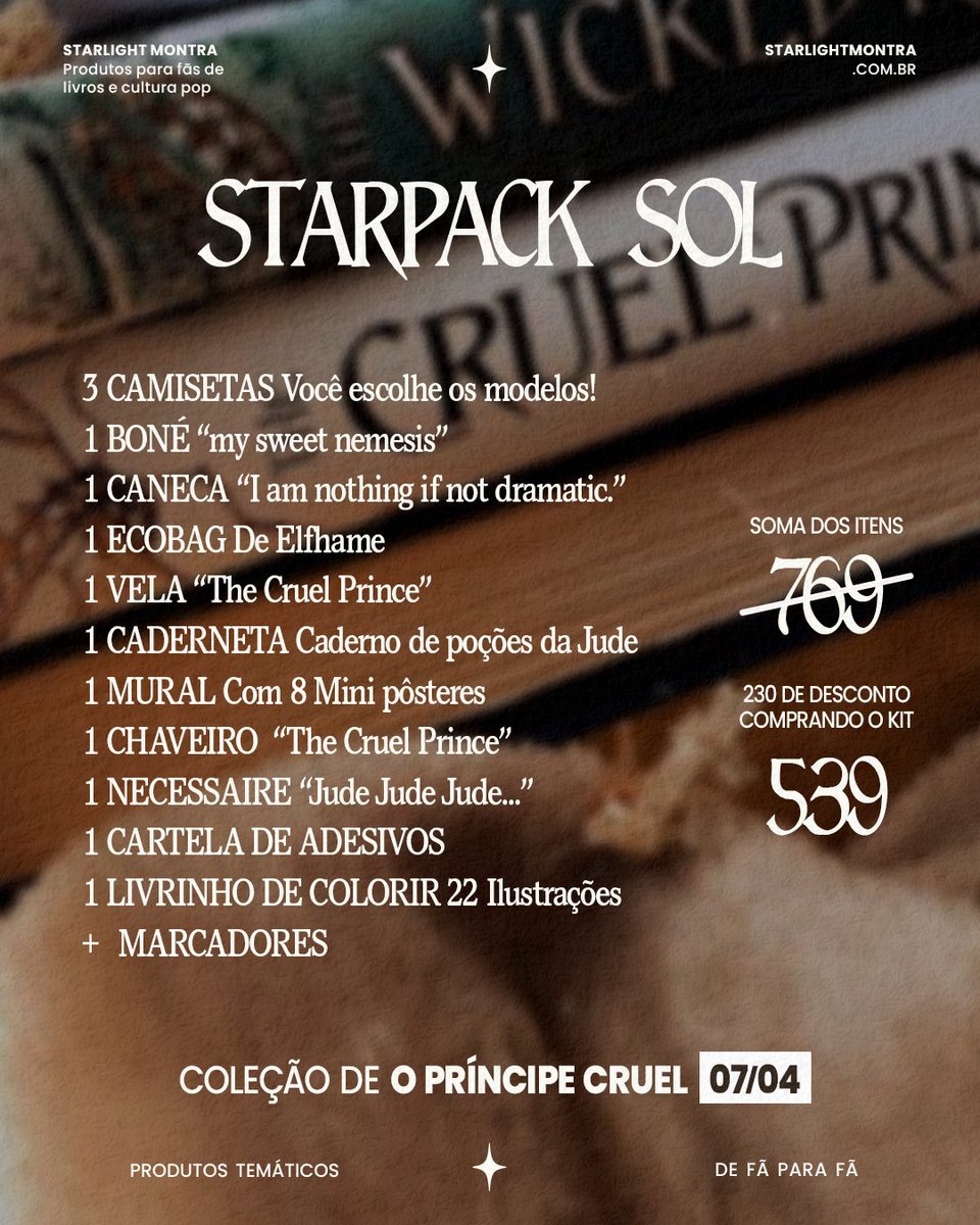 starlightmontra's tweet image. ⚠️ último dia para garantir sua starpack no site! os kits promocionais da coleção o príncipe cruel saem do ar hoje!

é a forma mais vantajosa de garantir vários itens da nossa coleção de TCP, com até R$230 de desconto! 🥹💞