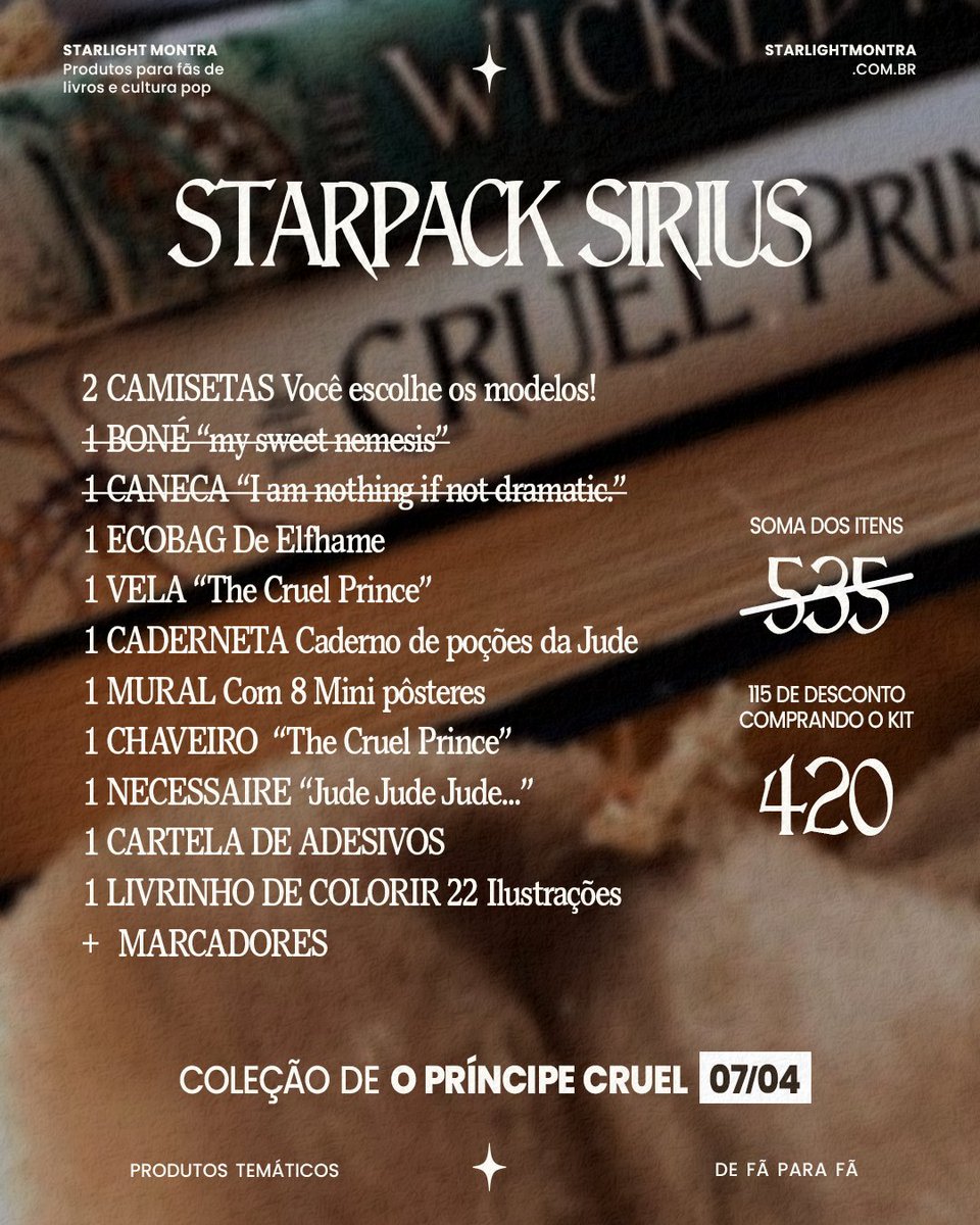 starlightmontra's tweet image. ⚠️ último dia para garantir sua starpack no site! os kits promocionais da coleção o príncipe cruel saem do ar hoje!

é a forma mais vantajosa de garantir vários itens da nossa coleção de TCP, com até R$230 de desconto! 🥹💞