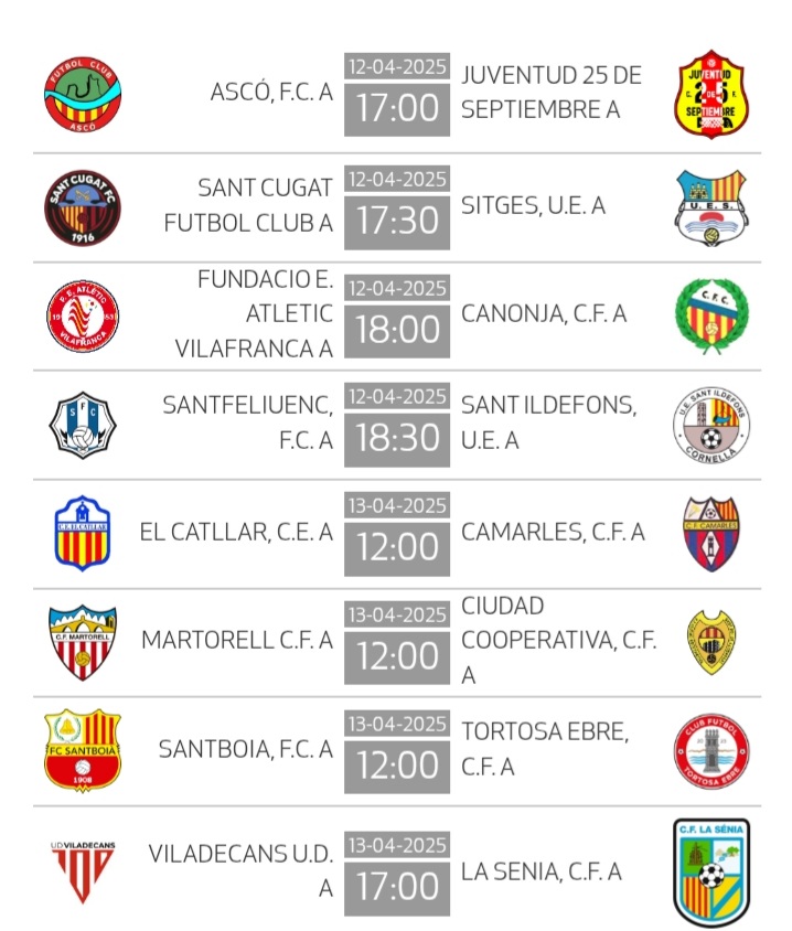 1aCatalanaG2 (@1acatalanag2) on Twitter photo Partits i horaris jornada 26 #1Cat3 duel per l'ascens <a href="/cfmartorell/">CF Martorell</a> vs <a href="/fcooperativa1/">C.F. Ciudad Cooperativa</a>,volen seguir <a href="/SantCugatFC/">Sant Cugat FC</a> vs <a href="/uesitges/">U.E. Sitges</a>,últimes opcions <a href="/SantfeliuencFC/">Santfeliuenc FC ⚽️</a> vs <a href="/uesantildefons/">UE Sant Ildefons</a>,últim tren <a href="/CEElCatllar/">C.E. El Catllar</a> vs <a href="/CFCamarles/">C.F Camarles</a> al grup 3 tenim líder avantatjat,però 4 equips més amb opcions 👇 Partits i horaris jornada 26 #1Cat3 duel per l'ascens <a href="/cfmartorell/">CF Martorell</a> vs <a href="/fcooperativa1/">C.F. Ciudad Cooperativa</a>,volen seguir <a href="/SantCugatFC/">Sant Cugat FC</a> vs <a href="/uesitges/">U.E. Sitges</a>,últimes opcions <a href="/SantfeliuencFC/">Santfeliuenc FC ⚽️</a> vs <a href="/uesantildefons/">UE Sant Ildefons</a>,últim tren <a href="/CEElCatllar/">C.E. El Catllar</a> vs <a href="/CFCamarles/">C.F Camarles</a> al grup 3 tenim líder avantatjat,però 4 equips més amb opcions 👇