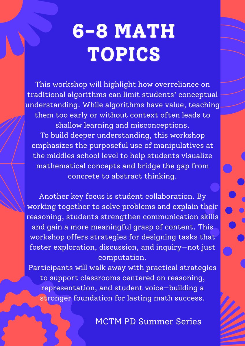 MCTM Summer Series Grades 6 - 8 session information! Information on the other grade bands coming soon! Register for the Summer Series for any of the grade bands at the following link!
rb.gy/rv5p65