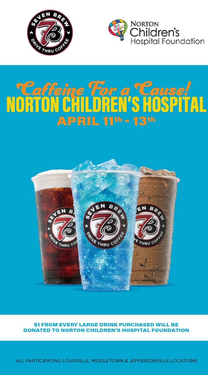 Norton Children's (@nortonchildrens) on Twitter photo Now through April 13, <a href="/7BrewCoffee/">7 Brew Coffee</a> is donating $1 from every large drink sold to the Norton Children’s Hospital Foundation!
📍 Participating locations: Louisville, Middletown & Jeffersonville Now through April 13, <a href="/7BrewCoffee/">7 Brew Coffee</a> is donating $1 from every large drink sold to the Norton Children’s Hospital Foundation!
📍 Participating locations: Louisville, Middletown & Jeffersonville