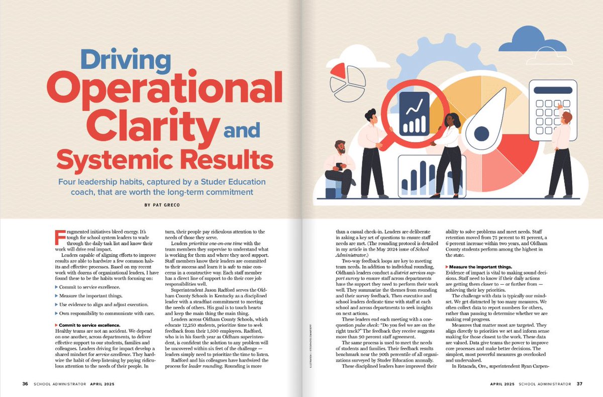 In the April 2025 issue of <a href="/AASAHQ/">AASA</a> #SchoolAdministrator magazine, Studer Education Leader Coach Dr. Pat Greco delivers a clear message to school system leaders: Fragmented initiatives drain energy. Leaders who drive #improvement don’t chase initiatives—they hardwire aligned