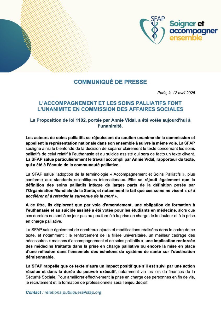 asso_SFAP's tweet photo. Unanimité en commission pour la #PPL1102 sur l’accompagnement et les soins palliatifs.
La SFAP salue un texte clair, distinct de l’euthanasie, fidèle aux standards de l’OMS, mis à part sur la question de la formation. @Vidal7602 https://t.co/9hyi7l7EIj