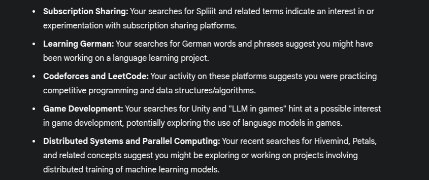 Asked Gemini to summarise the projects I did in the last 6 months based on my search history. This is actually crazy accurate. Good work <a href="/GoogleDeepMind/">Google DeepMind</a>