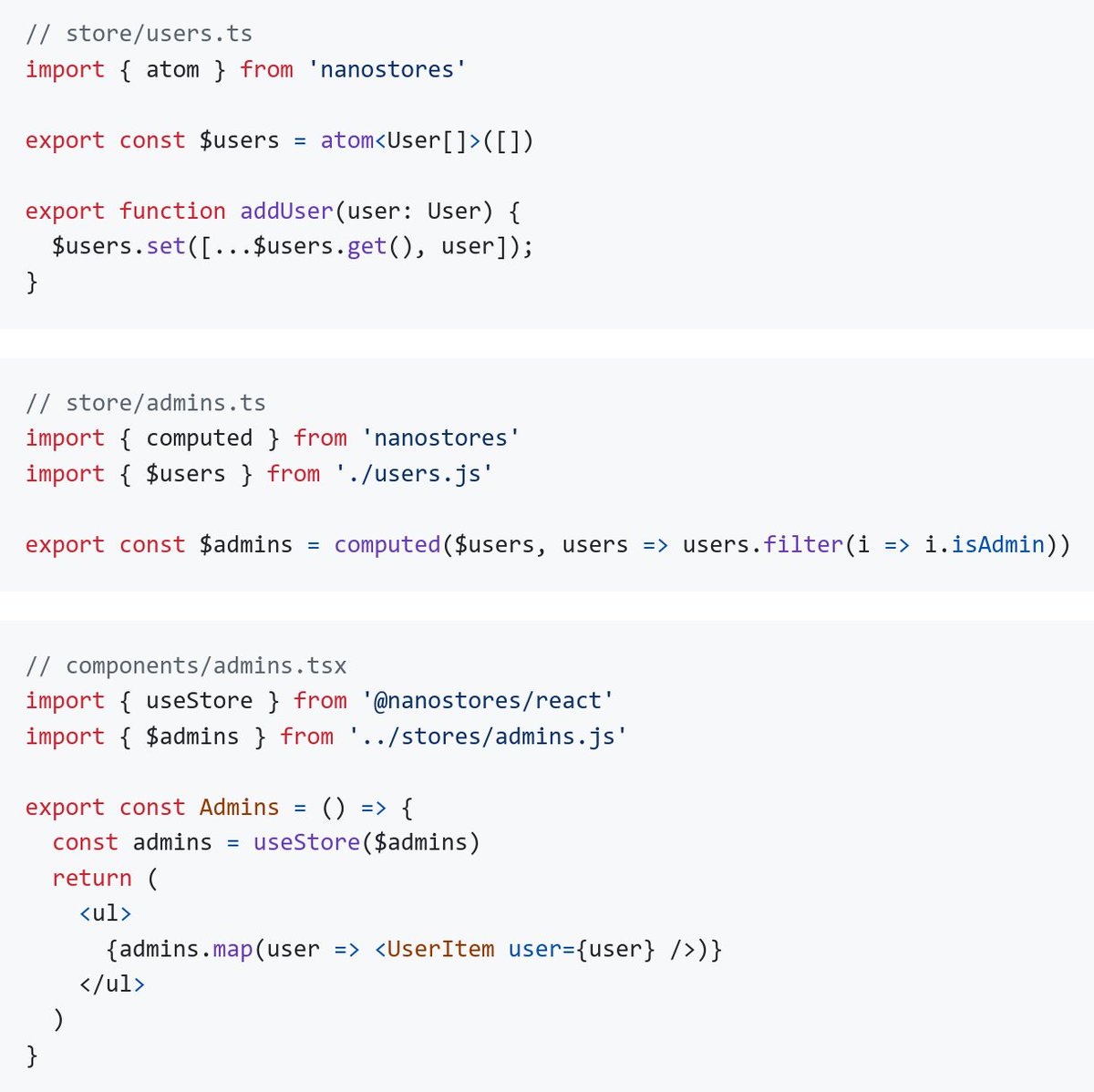 Выпустил Nano Stores 1.0, мой минималистичный стейт-менеджер для выноса логика из Реакт-компонентов.

В новой версии только effect() и прекращение поддержки Node.js 18. Релиз больше про стабилизацию API.

github.com/nanostores/nan…