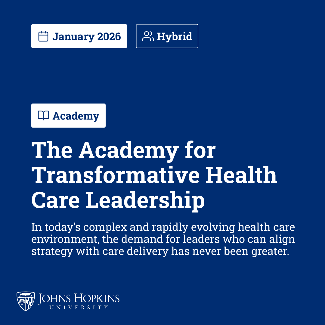 Pamela Johnson (@pamelajohnsonmd) on Twitter photo The Academy for Transformative Health Care Leadership is a groundbreaking new leadership development program combining industry-leading business education with world class health care leadership expertise. A collaboration between the <a href="/HopkinsMedicine/">Johns Hopkins Medicine</a> & <a href="/JHUCarey/">Johns Hopkins Carey Business School</a>, this six-month The Academy for Transformative Health Care Leadership is a groundbreaking new leadership development program combining industry-leading business education with world class health care leadership expertise. A collaboration between the <a href="/HopkinsMedicine/">Johns Hopkins Medicine</a> & <a href="/JHUCarey/">Johns Hopkins Carey Business School</a>, this six-month