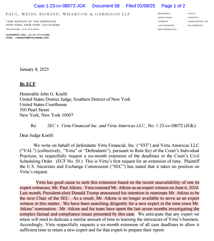 PlatnumSparkles's tweet photo. Paul Atkins was confirmed as the new SEC Chair. 
Congrats to Virtu's expert witness😂😂😭 $VIRT https://t.co/iOt75qHq3f