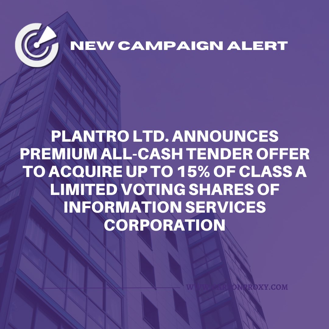 Carsonproxy (@carsonproxy) on Twitter photo Big News!
<a href="/carsonproxy/">Carsonproxy</a> client Plantro Ltd. announces a Premium All-Cash Tender Offer to acquire up to 15% of Class A Limited Voting Shares of Information Services Corporation!
Strategic move. Strong offer. Bold future.
#BusinessNews #TenderOffer #Investments Big News!
<a href="/carsonproxy/">Carsonproxy</a> client Plantro Ltd. announces a Premium All-Cash Tender Offer to acquire up to 15% of Class A Limited Voting Shares of Information Services Corporation!
Strategic move. Strong offer. Bold future.
#BusinessNews #TenderOffer #Investments