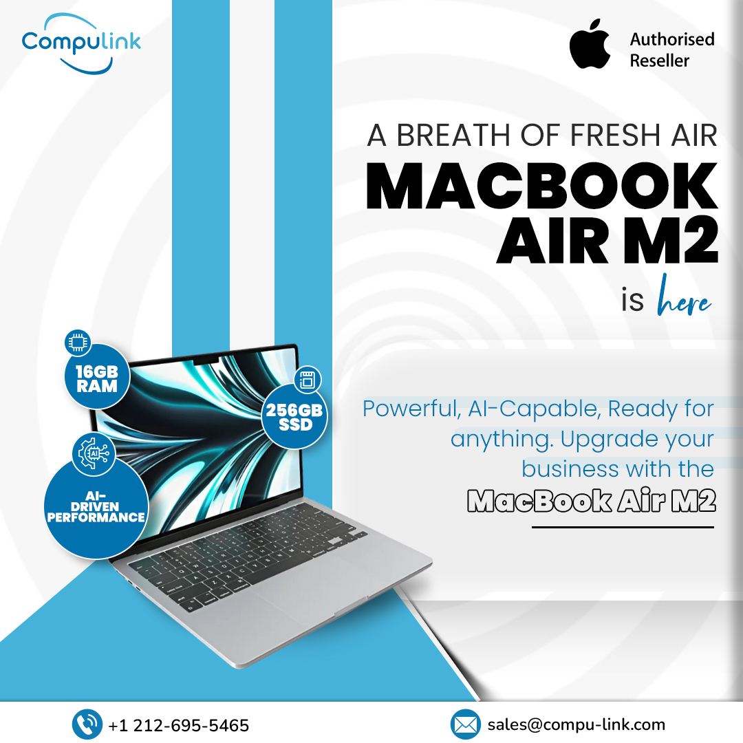 CompulinkTech's tweet image. The all-new MacBook Air M2 is powerful, AI-capable, and built for everything your business demands. With 16GB RAM, 256GB SSD, and AI-driven performance. Available now @CompulinkTech your trusted Apple Authorized Reseller. @Apple  
. 
📞 +1 212-695-5465 
.
#MacBookAirM2 #Compulink