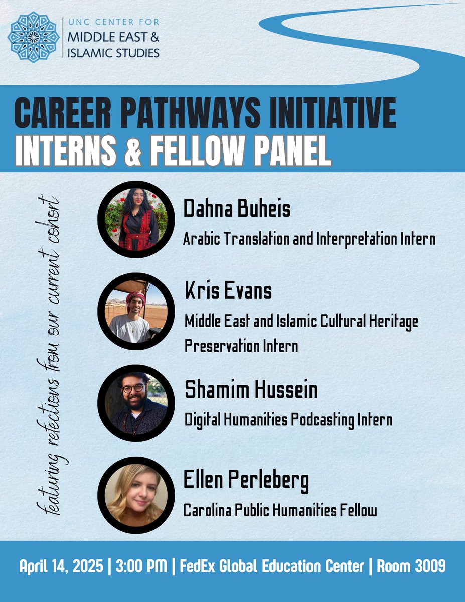 Join us on Mon., Apr. 14, as we celebrate the amazing work of our 3 Career Pathways Initiative interns and our Carolina Public Humanities Fellow! 
Come learn about their unique projects and discover new Career Pathways Initiative opportunities.

More info: mideast.unc.edu/events/