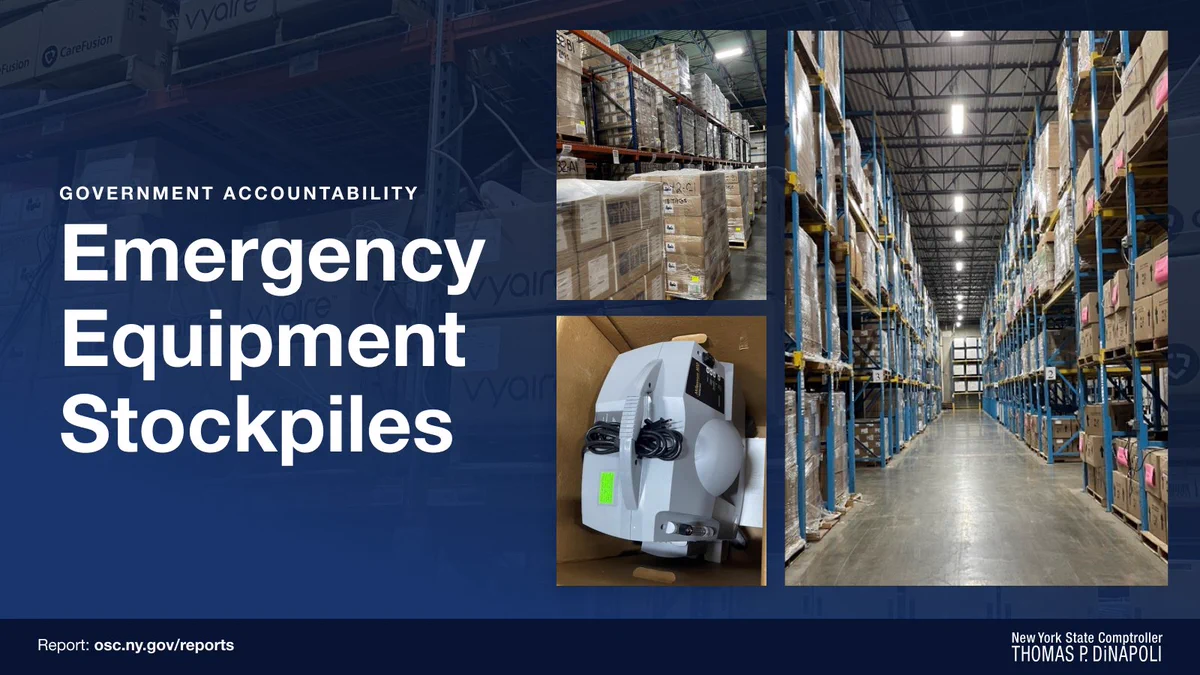 Photos of equipment in warehouse. Graphic reads Government Accountability: Emergency Equipment Stockpiles