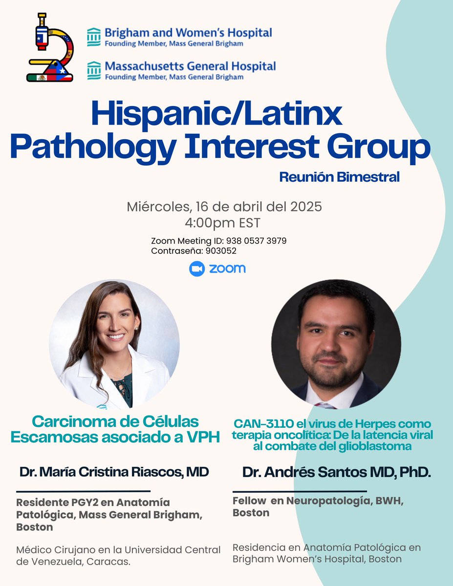 Mass General Brigham Pathology (@mgbpathology) on Twitter photo Latino friends! Join us for the 3rd AY2025 meeting of the Hispanic/Latino Pathology Interest Group (HLPIG), founded by fellows and residents at MGB!
📢 Featuring our own MGB PGY2 <a href="/makiriascosm/">Maria Cristina Riascos</a> and <a href="/SantosMDPHD/">Andres Santos</a>, neuropath fellow at BWH!
No te lo quieres perder 😉 Latino friends! Join us for the 3rd AY2025 meeting of the Hispanic/Latino Pathology Interest Group (HLPIG), founded by fellows and residents at MGB!
📢 Featuring our own MGB PGY2 <a href="/makiriascosm/">Maria Cristina Riascos</a> and <a href="/SantosMDPHD/">Andres Santos</a>, neuropath fellow at BWH!
No te lo quieres perder 😉