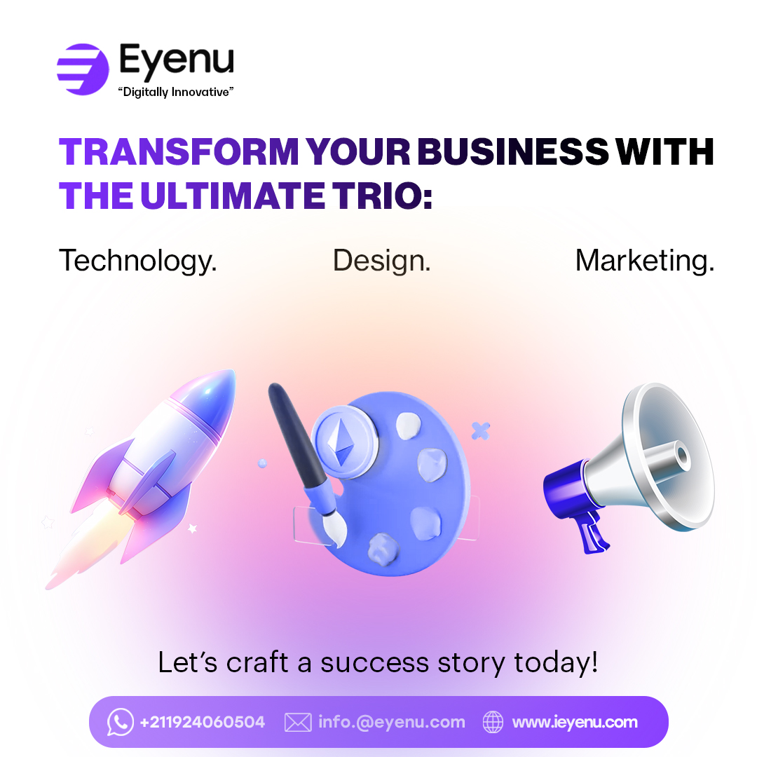 Transform your business with the ultimate trio:

 💻 Technology | 🎨 Design | 📢 Marketing

Let’s build something extraordinary together.

#eyenutech #technology #design #marketing #southsudan