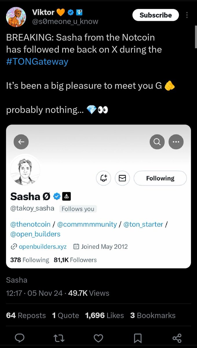 creptosolutions's tweet photo. On November 5, 2024, Sasha from Notcoin followed our boss Viktor (@s0meone_u_know) back on X during #tongateway.
This year, I’ll be attending TonGateway, insha'Allah. Hoping Sasha follows me back too either before the event or live at the venue.
Indeed it's Probably nothing… 💎👀