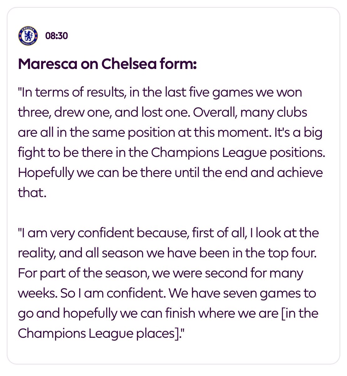 Enzo Maresca Confidence on Chelsea form