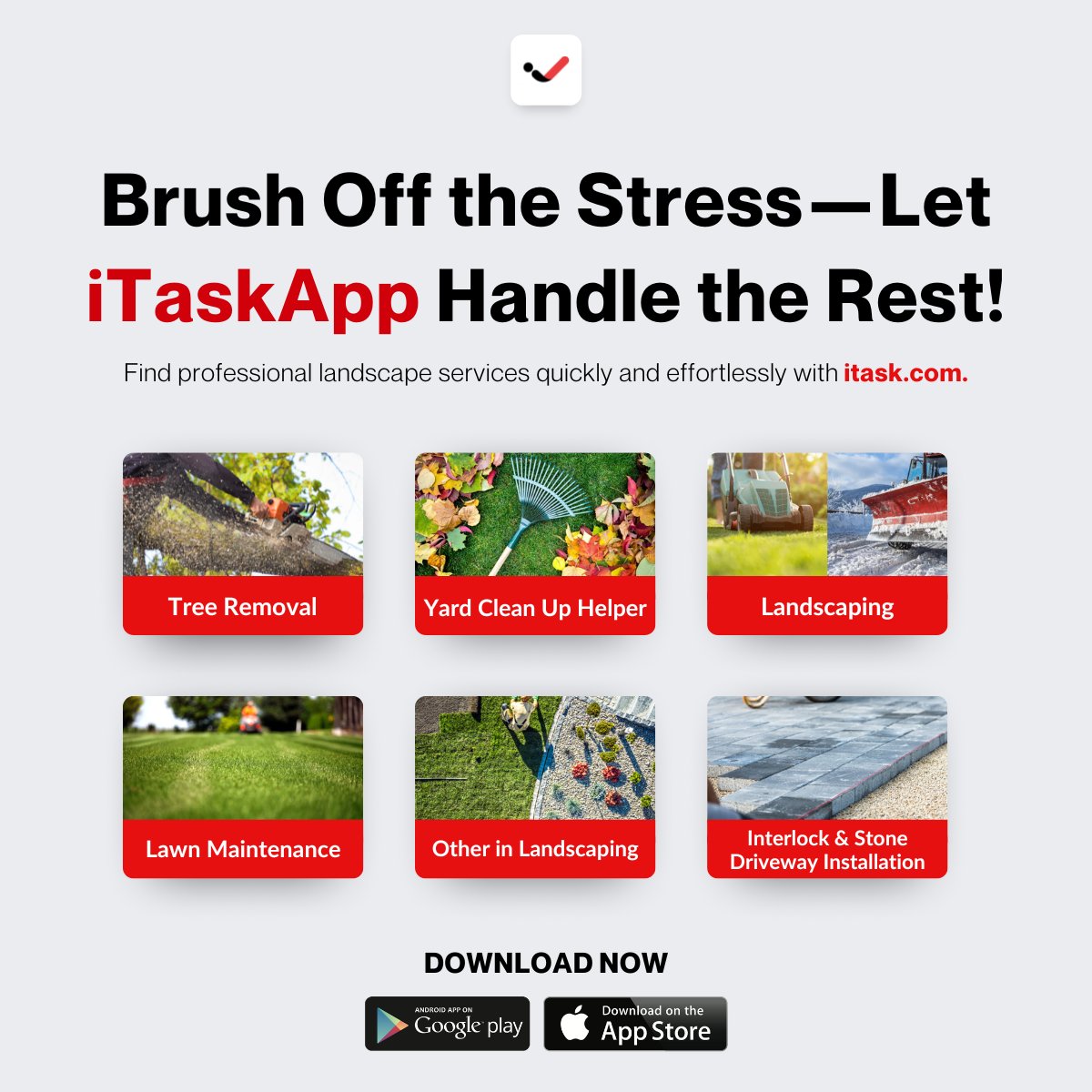 iTaskAppCanada's tweet image. Say goodbye to overgrown lawns and messy yards! 🌱 iTask.com makes it easy to find expert help for everything from tree removal to landscaping. Enjoy your weekends again! 🍃 #StressFreeYardWork #iTaskApp