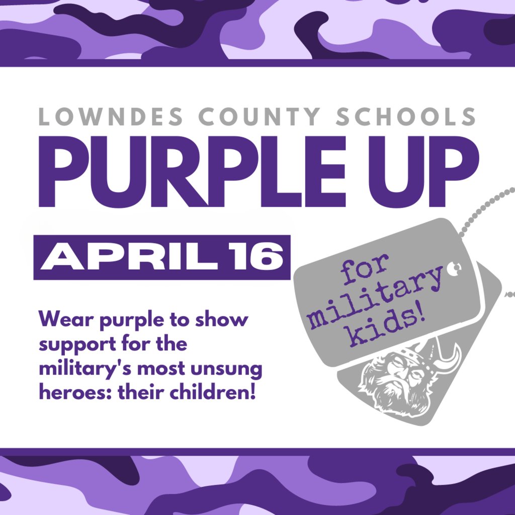 LowndesVikings (@lowndesvikings) on Twitter photo Show your support for our students that are part of military families by wearing purple on Wednesday, April 16th! <a href="/OneLowndes/">Lowndes County Schls</a> #PurpleUp #BetterTogether Show your support for our students that are part of military families by wearing purple on Wednesday, April 16th! <a href="/OneLowndes/">Lowndes County Schls</a> #PurpleUp #BetterTogether