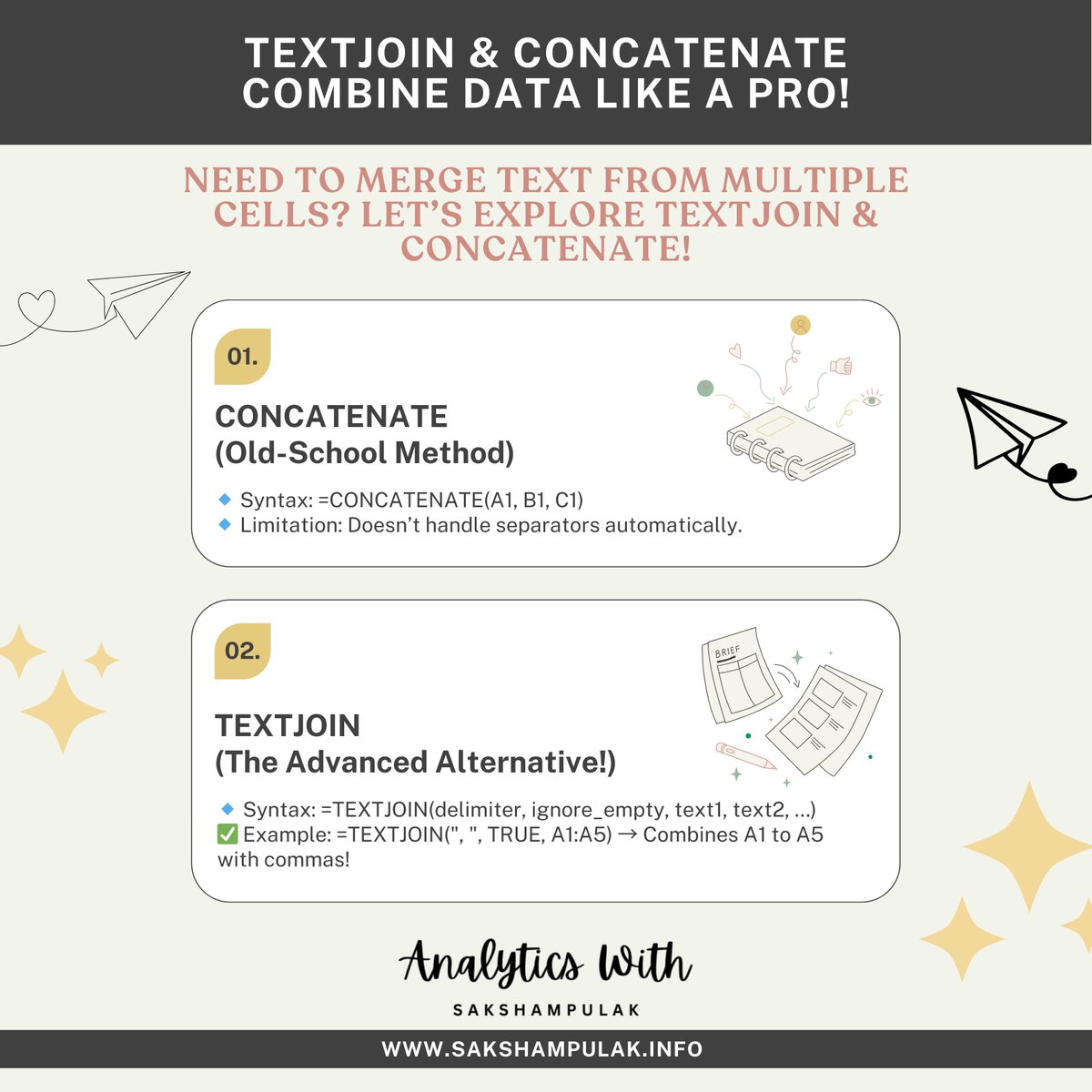 AWSakshamPulak's tweet photo. Need to merge text from multiple cells?
Old way v/s Modern way
✅ Adds separators
✅ Ignores empty cells
✅ Much cleaner for large ranges!

Follow @AWSakshamPulak 

🔗 https://t.co/a3EYK88eUJ

#ExcelTips #TEXTJOIN #CONCATENATE #DataCleaning #SakshamPulakInfo #AWSakshamPulak https://t.co/TsUOQCzk5c