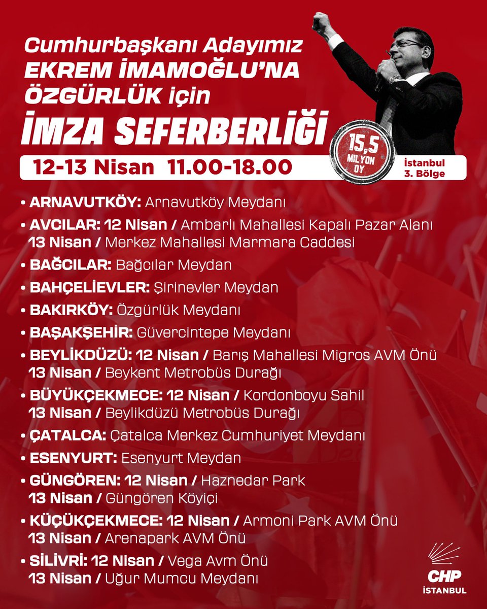 Adayımı yanımda, sandığı önümde istiyorum!

Cumhurbaşkanı Adayımız Ekrem İmamoğlu’na özgürlük ve erken seçim için siz de imza seferberliğimize katılın. 

Tüm yurttaşlarımızı bu hafta sonu İstanbul’un 39 ilçe meydanında kuracağımız standlarda imza atmaya davet ediyorum. 

3. Bölge